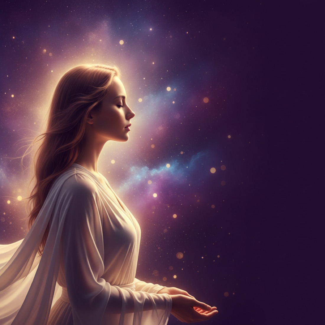 A peaceful soul meditating beneath a cosmic sky